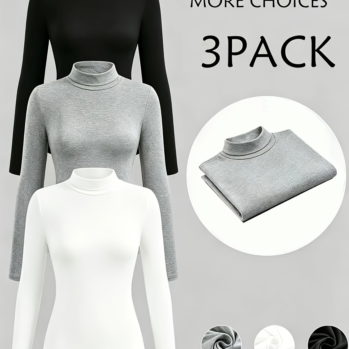 TEMU Plus Size, Large Women's Elegant Semi-high Neck 3pcs Long Sleeve Autumn/winter Base Layer
