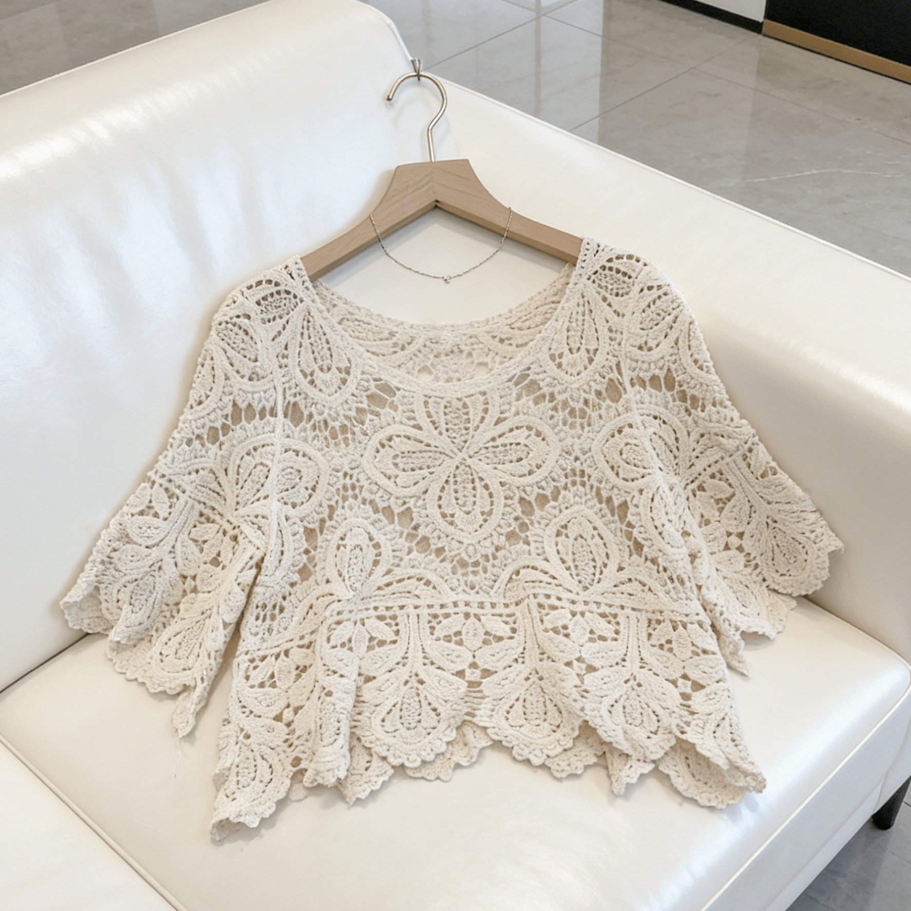 TEMU Summer Korean-style Pullover Cardigan For Beach Vacation, Hollow-out Crochet Floral Flared Sleeve Women's Cropped Top, Loose Fit Lightweight