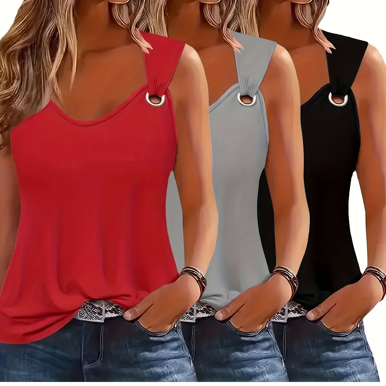 TEMU Ensemble de 3 débardeurs d'été pour femmes - T-shirts manches à col en V, lavables en machine, débardeurs décontractés de couleur unie pour et