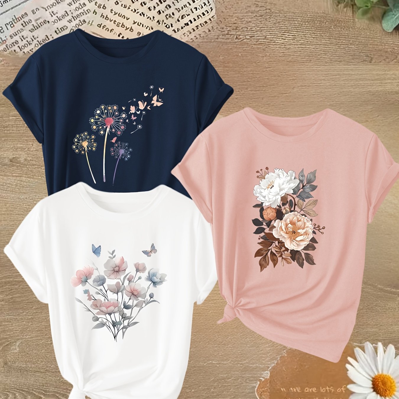 TEMU 3pcs Set Women's Short Sleeve T-shirts, Short Sleeve Round Neck Pullover T-shirts, Dandelion -floral Print Design, Casual Comfortable Versatile,
