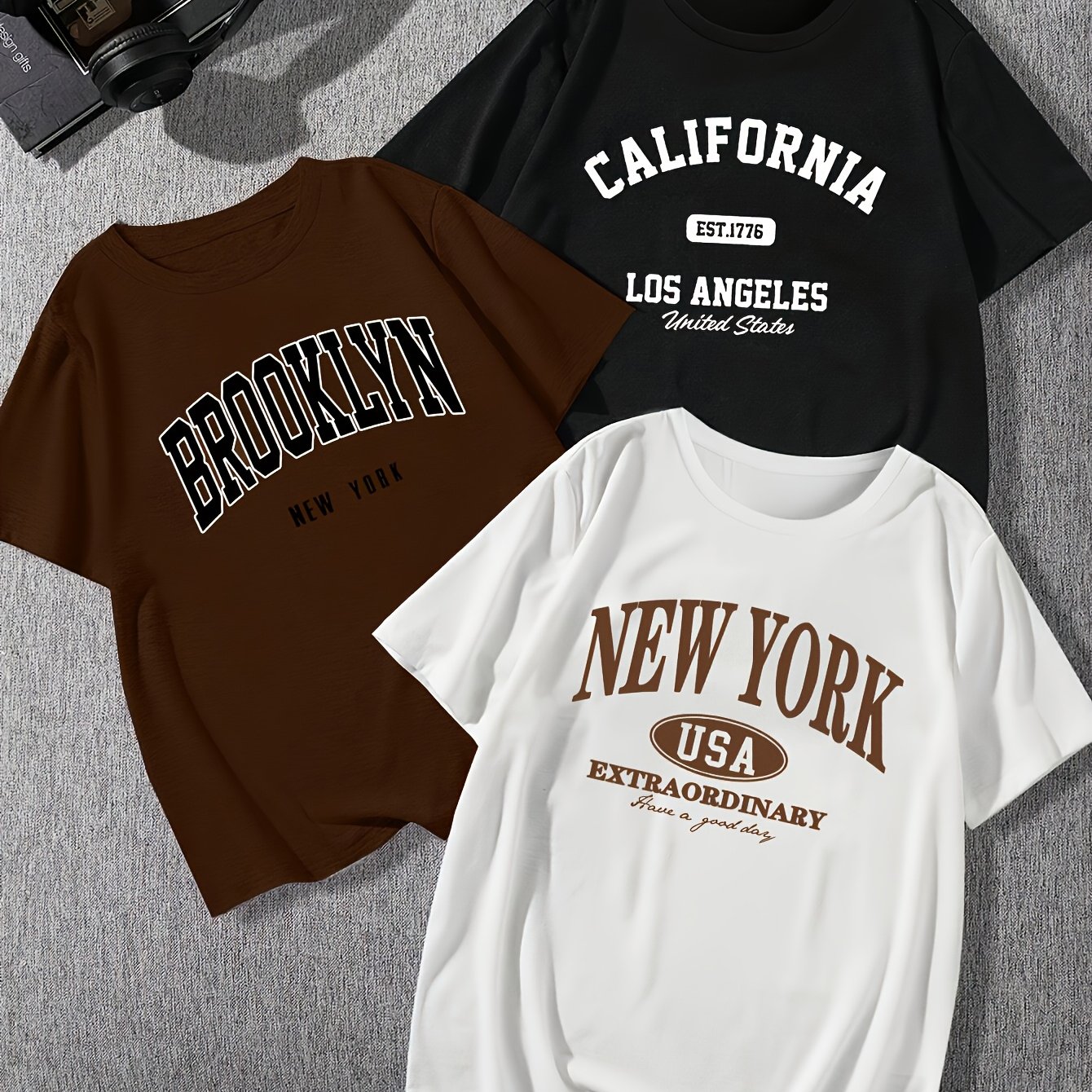TEMU 3pcs Set Casual Graphic Loose Crew Neck Short Sleeve T-shirt For Women, Summer