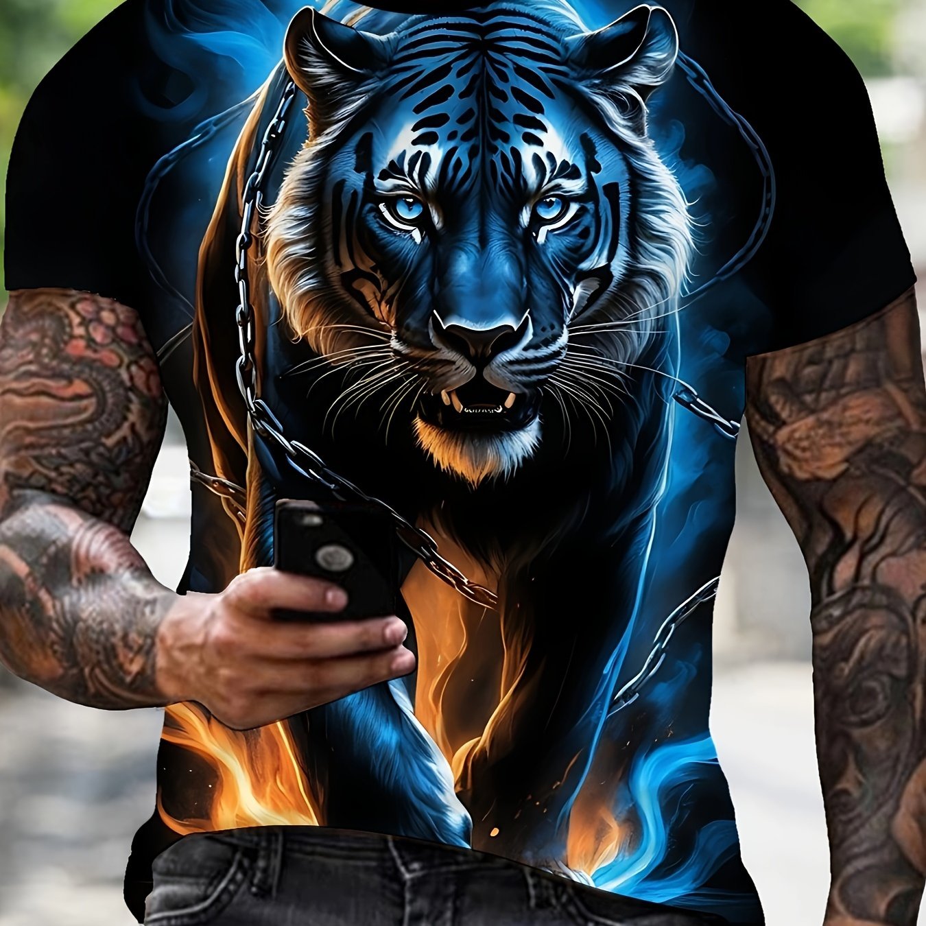 Image of Cool Black Tiger Print Men's T-shirt, Round Neck Casual Short Sleeve Summer Outdoor Top Novelty 3d Print Tee