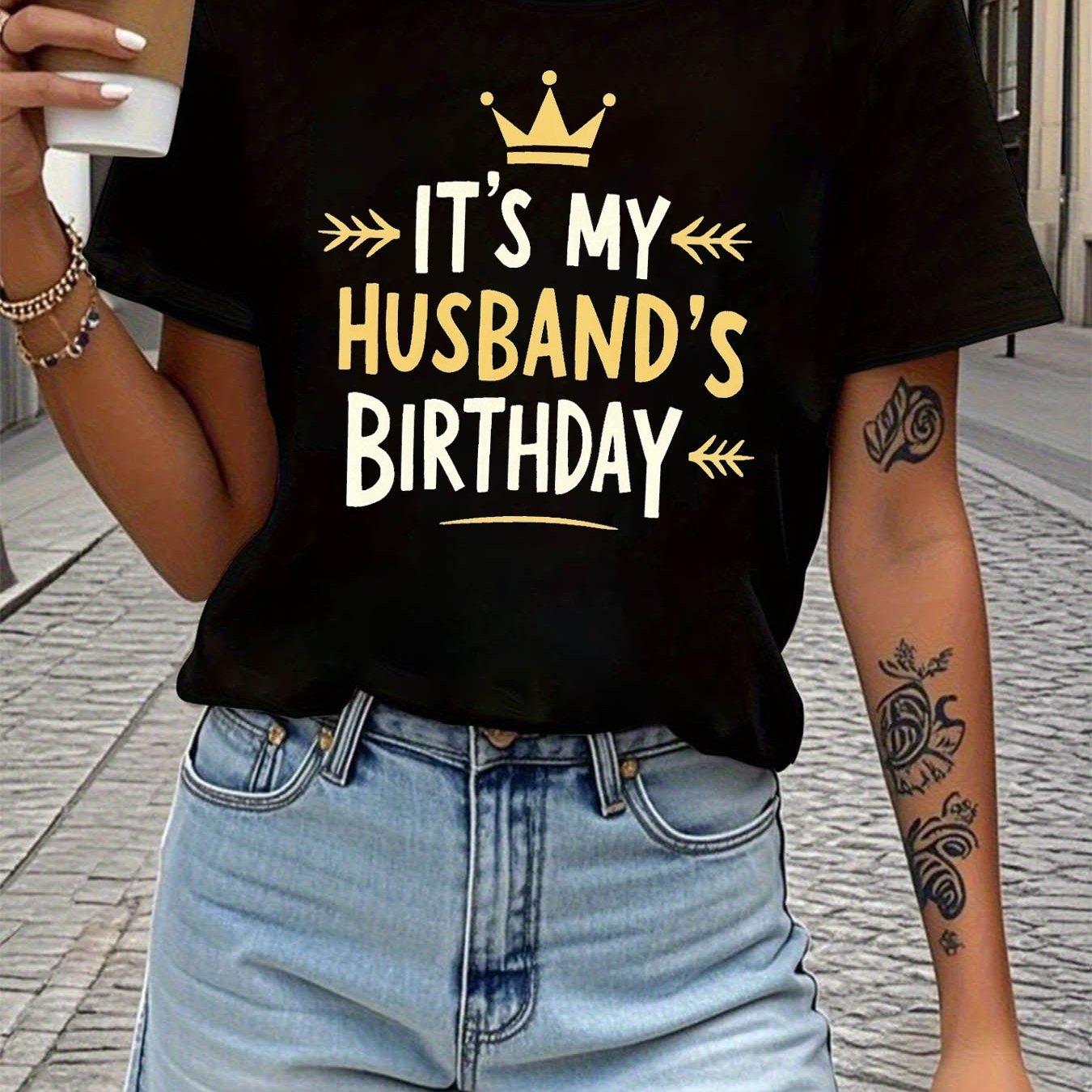 TEMU My Husbands Birthday Celebration Letter Print Women's T-shirt, Short Sleeve Crew Neck Casual Top For Summer & Spring, Women's Clothing
