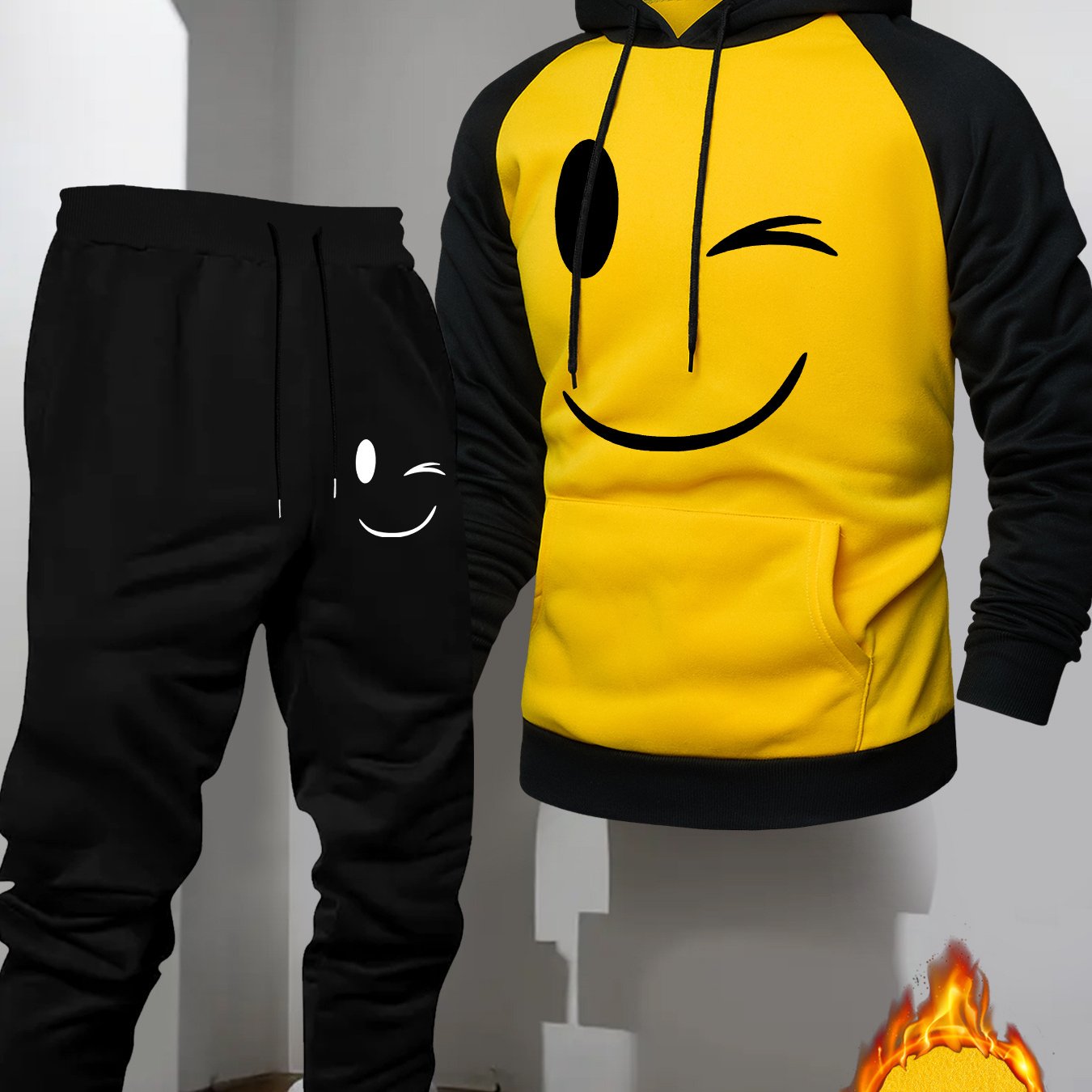 TEMU Men's Casual Sport Raglan Sleeve Hooded Two-piece Set, Color Blocking With Black Pants And Cute Face Pattern On