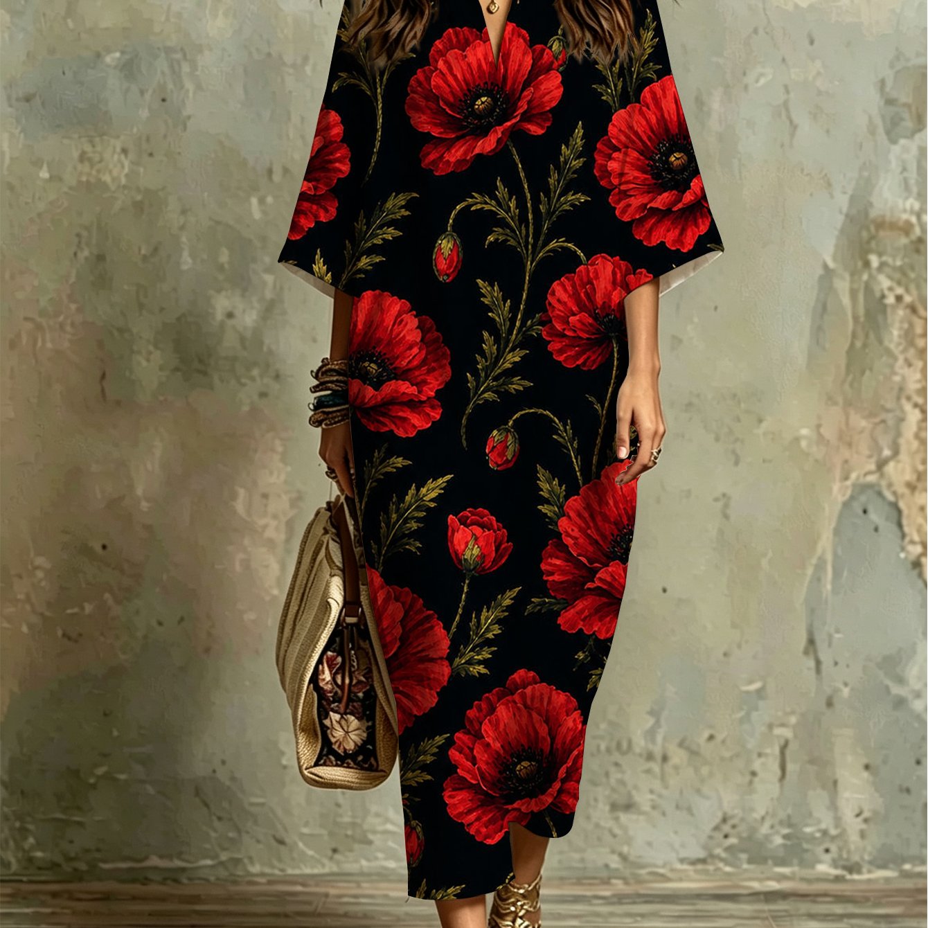 Image of Plus Size - Fashion Women's Kaftan Dress With Red Floral Print Background, Comfortable, Breathable, Loose Fit, Elegant For Beach Vacation, Summer Party, Evening Dinner