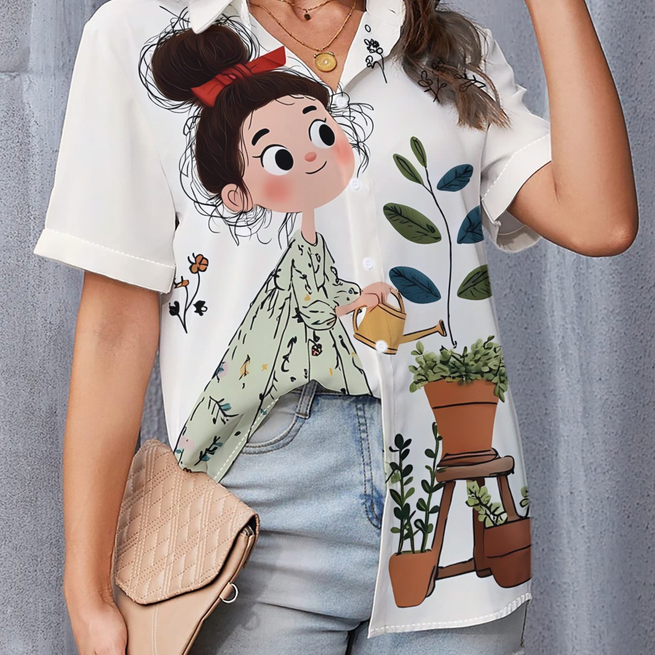 TEMU Women's Casual Short-sleeve Shirt With Floral Skirt Tied With A Red Ribbon, Holding A Watering Can To Water Flowers, With Potted In The