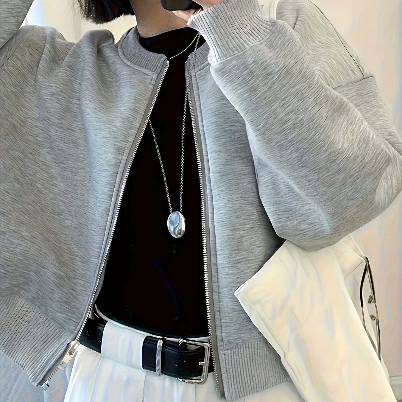 Image of Women's Casual Solid Off-shoulder Short Jacket, Fashion Slim Fit, Jacket With Zipper, Round Neck Spring/autumn Outerwear, Daily Casual