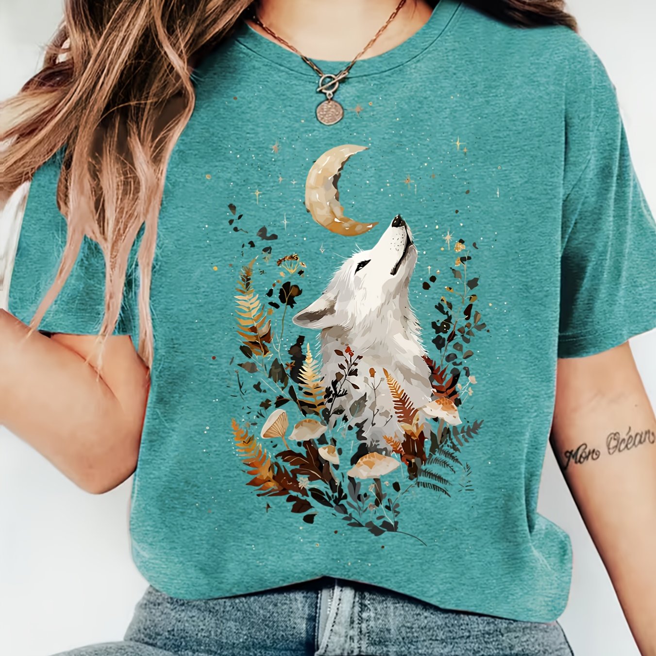 TEMU Women's T-shirt Featuring A White Wolf And Pattern, Soft And Comfortable, Printed Short-sleeve Tee, Wear, Stylish Spring And Summer Top, Casual