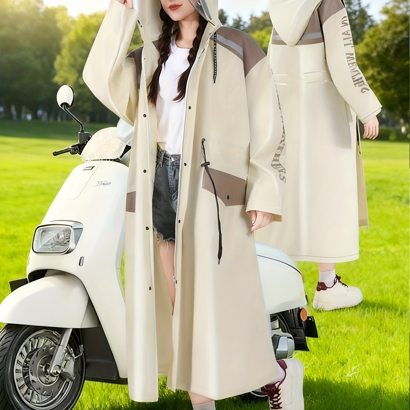 TEMU Outdoor Long Women's Trench Coat - Elegant And Stylish Women's Raincoat, Waist-cinching Cardigan Hoodie, -one Windproof And Multifunctional