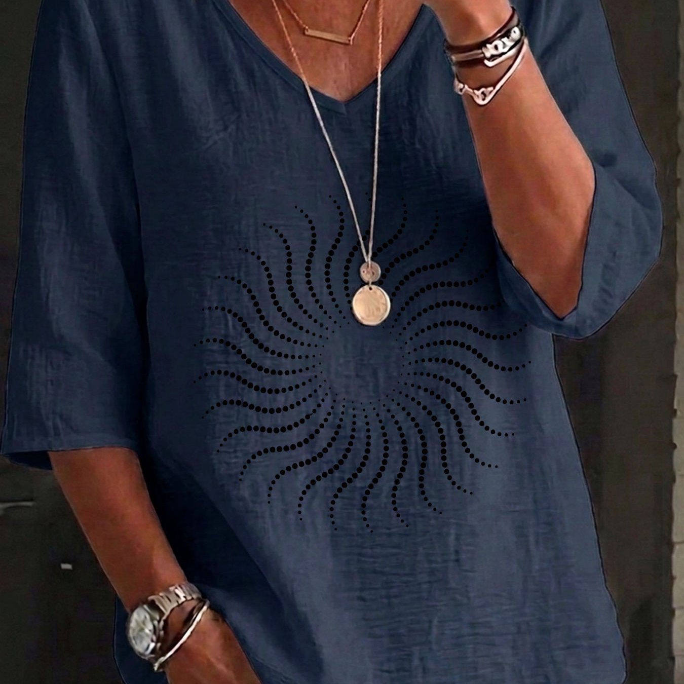 TEMU Spring/summer Casual 's Top, Tech-inspired Polka Dot Spiral Loose V-neck Three-quarter Sleeve Shirt