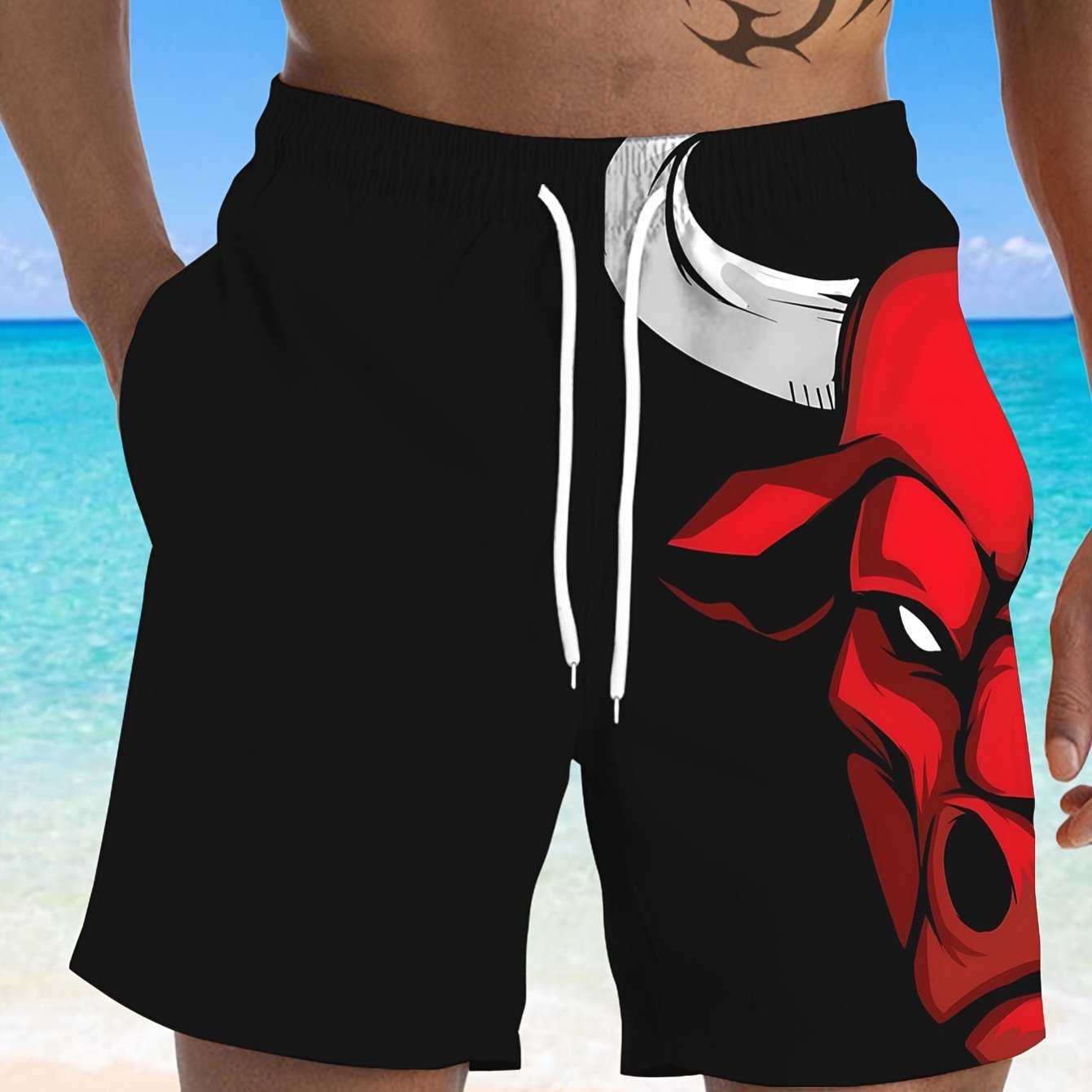 TEMU Men's Casual Golf And Beach Shorts - Cow Pattern Print, Black With Red/, Regular Fit, Machine Washable, Golf Shorts, , Statement Piece, , Sports
