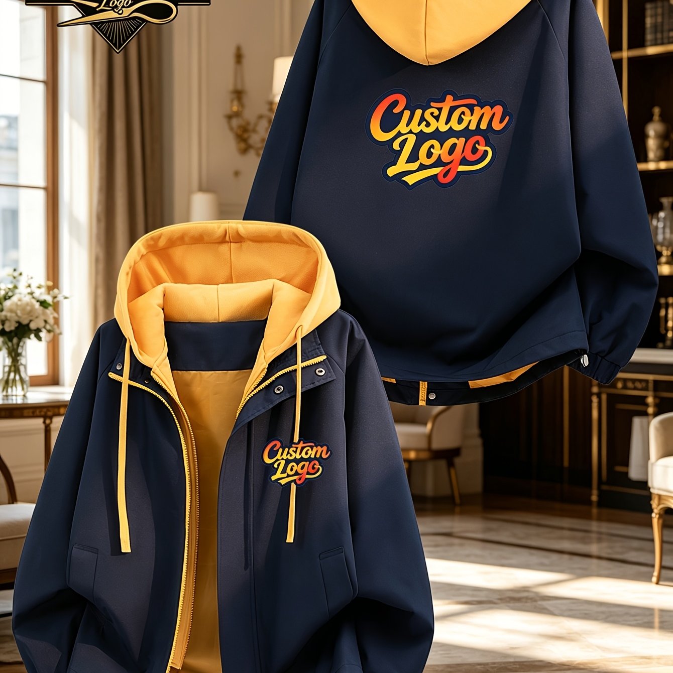 TEMU Plus Size Asian S-3xl, Spring/autumn Color-block Men's Casual Jacket, Loose Fit Versatile Workwear Top, Self- Style Logo, 2-in-1 Look Hooded