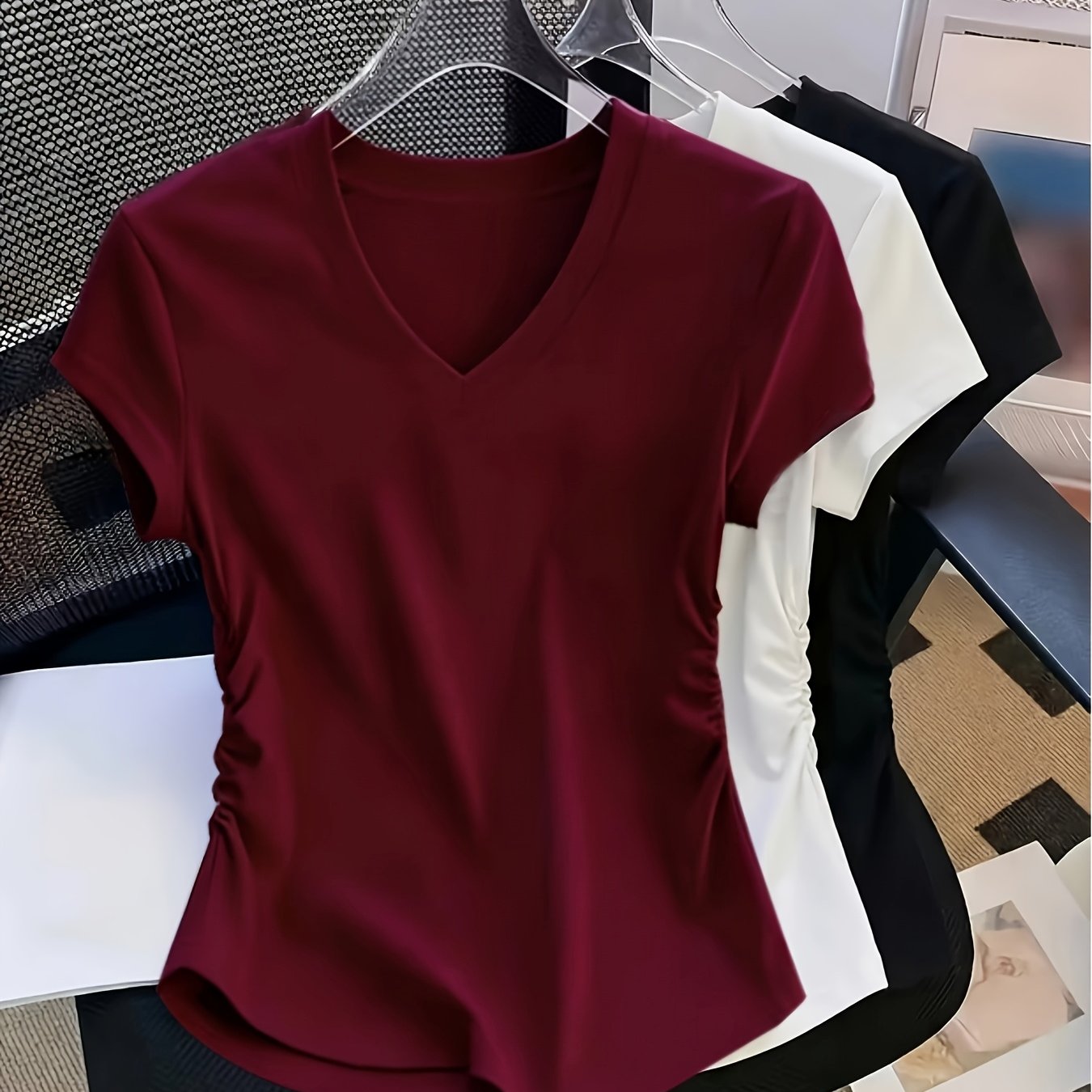 TEMU Ensemble 3 pièces rétro américain décontracté, T-shirt à col en V et manches courtes, printemps été, T-shirt slim à manches courtes et taille