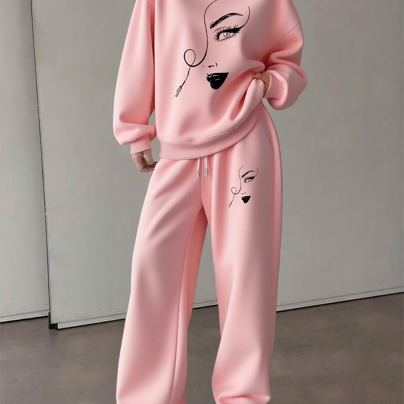 TEMU Graphic Print 2 Piece Set, Crew Neck Sweatshirt & Pants, Women's Clothing