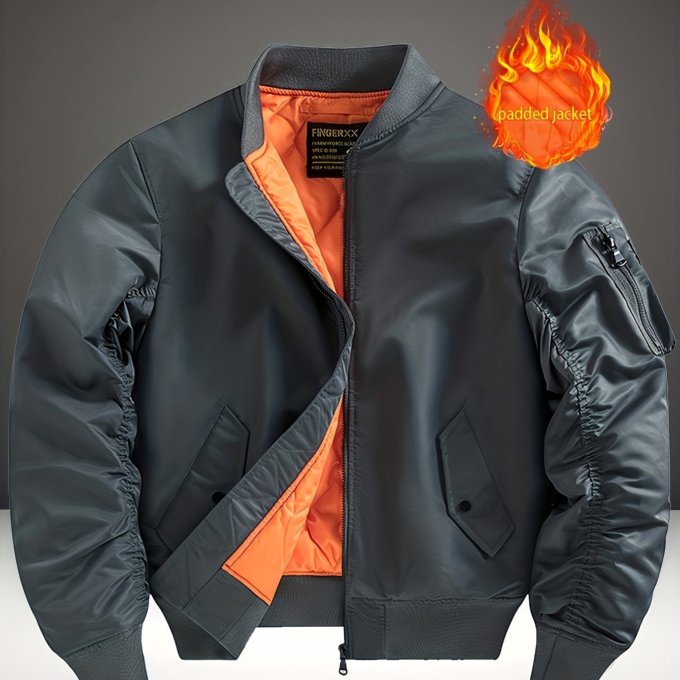 TEMU [ Obm] Flight Jacket Warm Coat Fashion Trend Black Aviator Jacket Orange Lining Stand Collar Zipper Design Cuffs Warm Windproof Versatile Casual