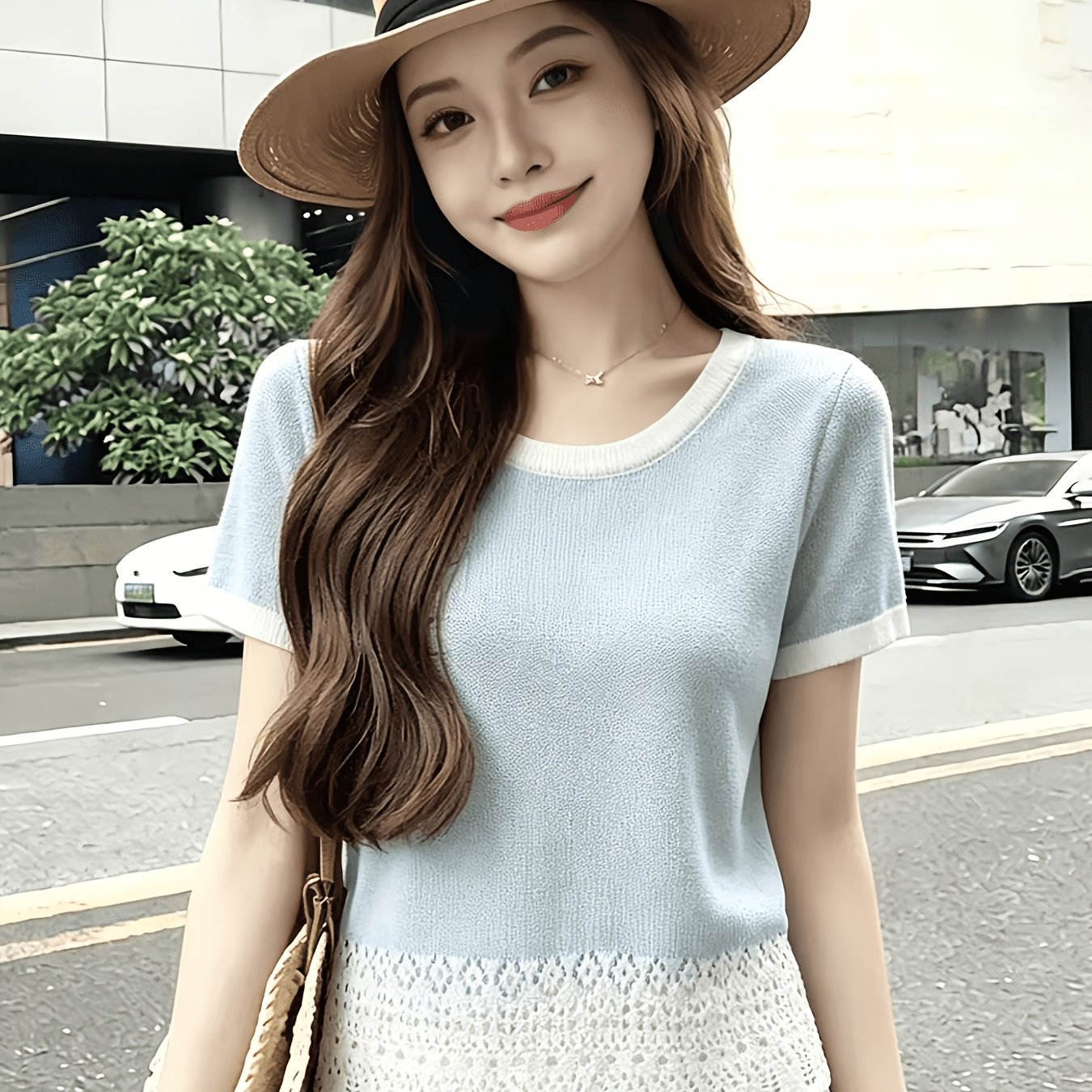 TEMU 여성용 엘레강스 컬러블록 티셔츠 - 루즈핏 반팔 크루넥 블라우스겸용 상의 | 봄 여름 가을 레이어드용, 캐주얼부터 드레시웨어까지, 기계 세탁 가능한 단색 스플라이스드 셔츠
