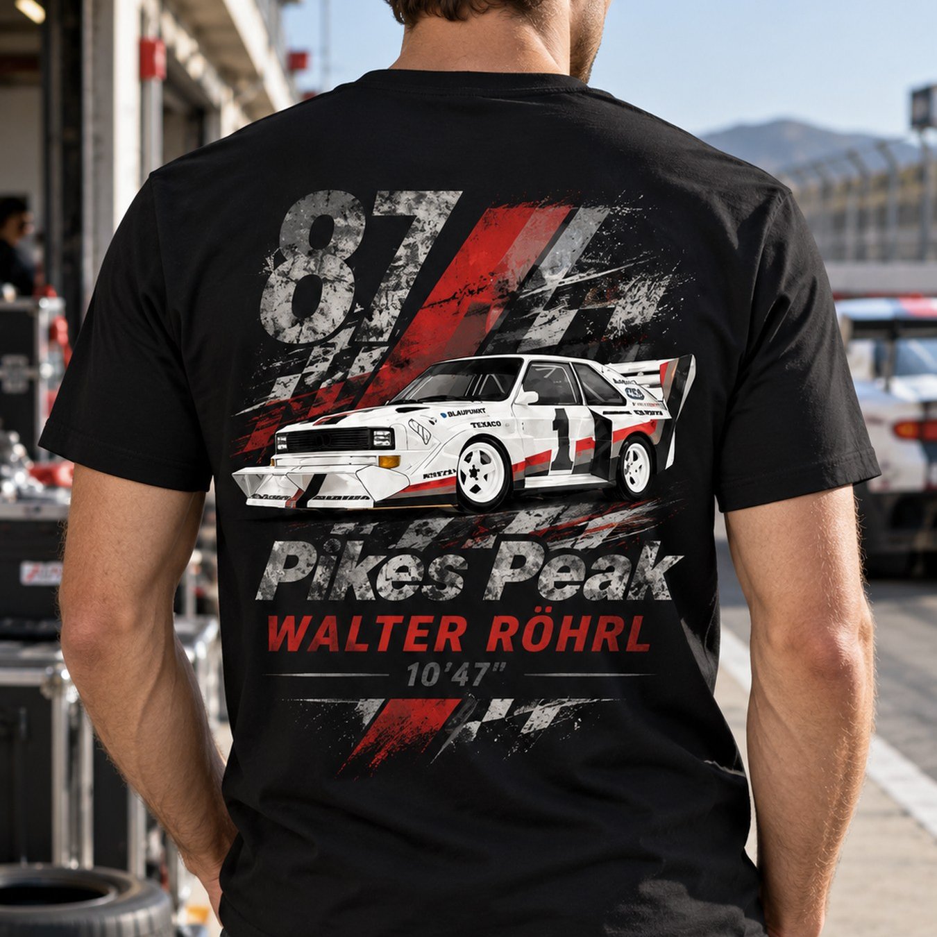 Image of Men's Rohrl Racing 1987 Rally Car T-shirt - Retro Tee With Iconic Back Print, Suitable For Rally Fans, Casual Wear & Themed Events, Machine Washable