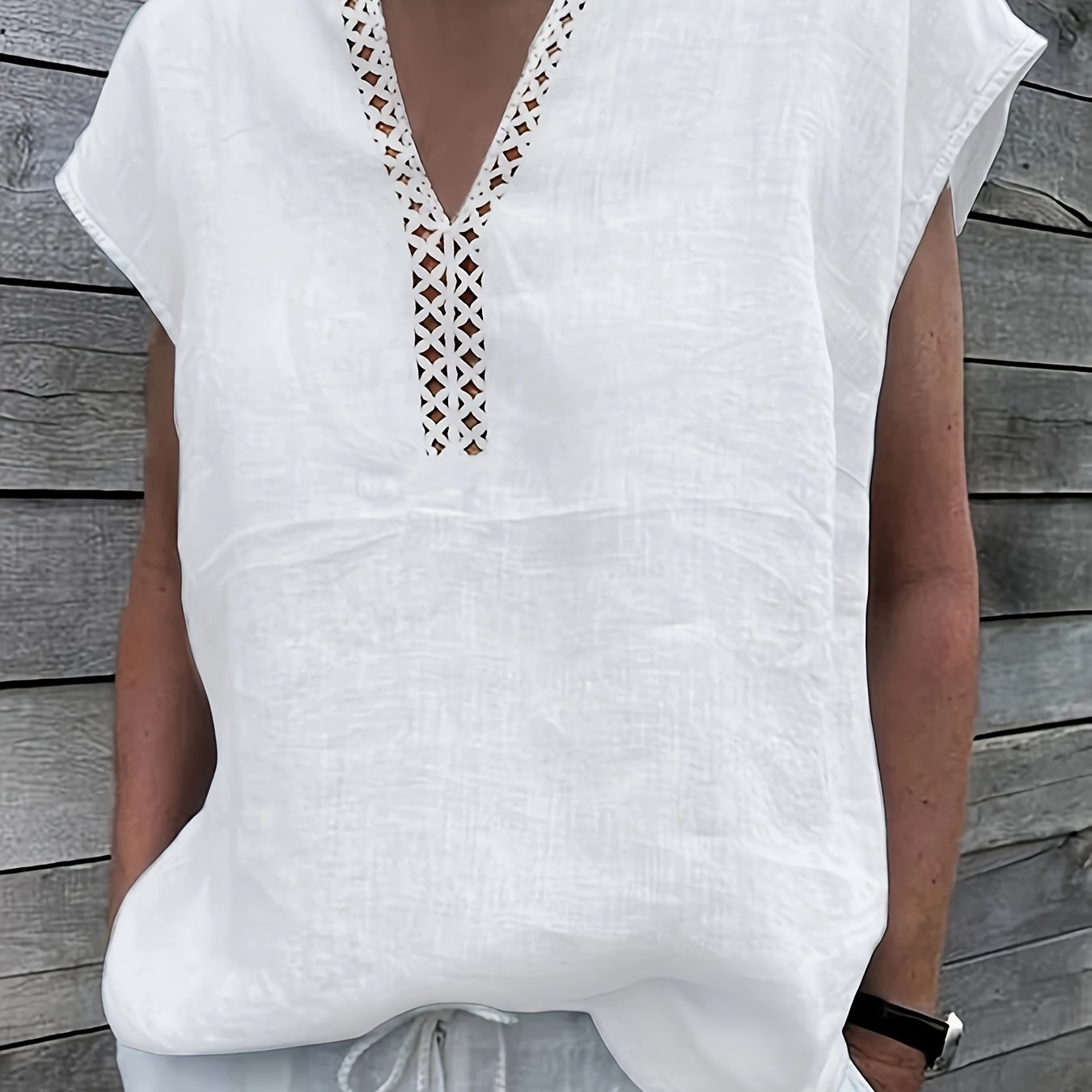 Loose V-neck Pullover Top With Lace And Shoulders