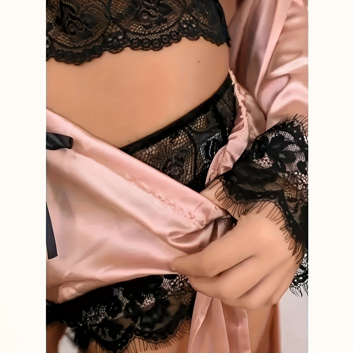 TEMU Elegant Satin Contrast Lace Lounge Set, 3 Quarter Sleeve Robe With Belt & Cami Bra & Panty & Elastic Shorts, Women's Loungewear Women's 5pcs
