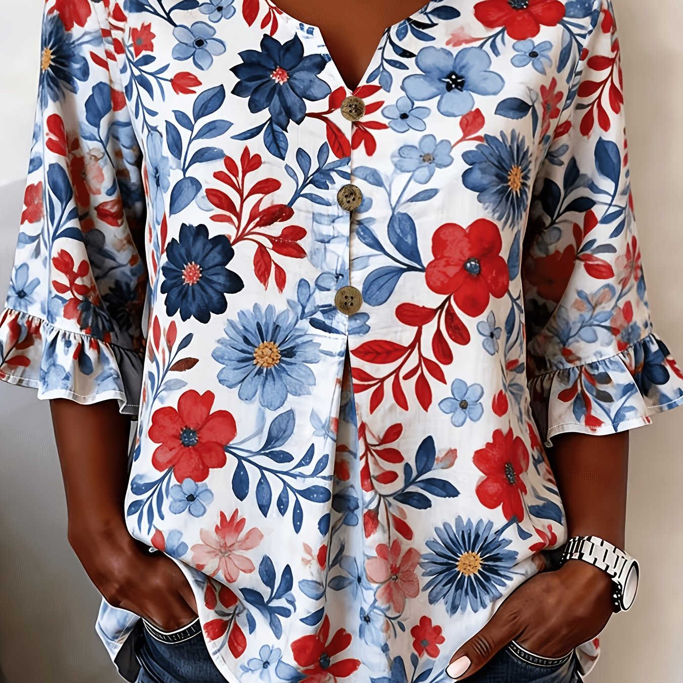TEMU Plus Size Women's V-neck Floral Print Shirt, Summer Loose Wood Button Decoration Ruffle -sleeve Casual Top