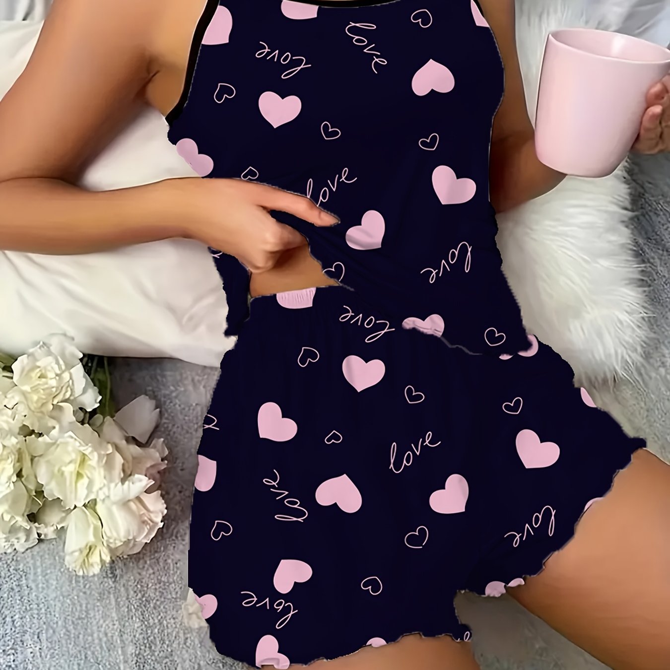 Image of 1 Set Women's Sexy Polyester Pajama Set, Love Heart Print Spaghetti Strap Shorts, Knit Fabric Sleepwear For , Adult Lounge Set