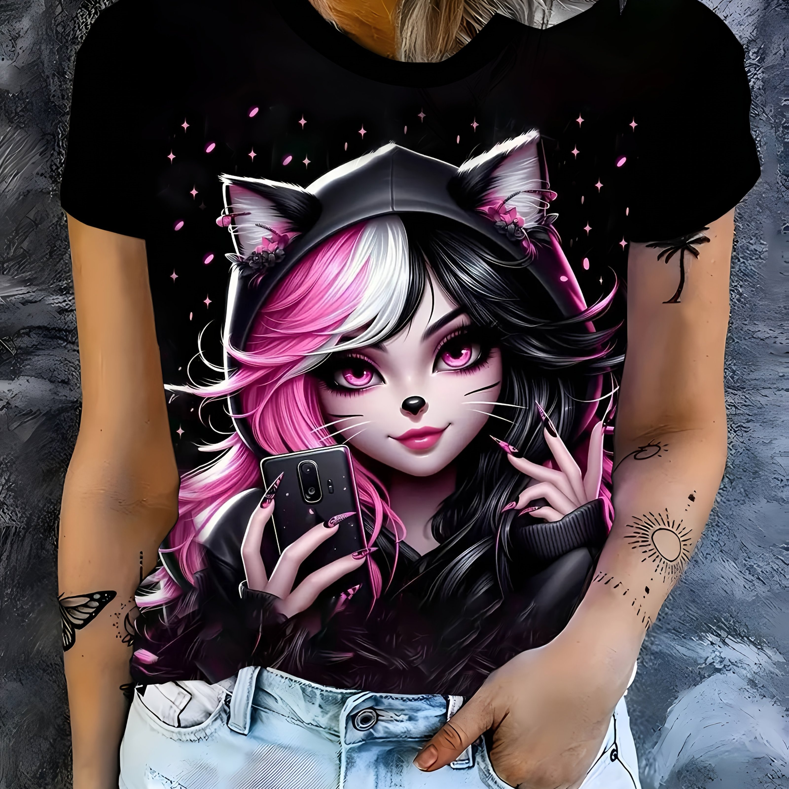 Trendy Black Anime Cute Fashion Factory Direct Women's T-shirt New 3d Print Short Sleeve Crew Neck Casual Top For Women's Clothing Loose Short Sleeve Blouse Vintage