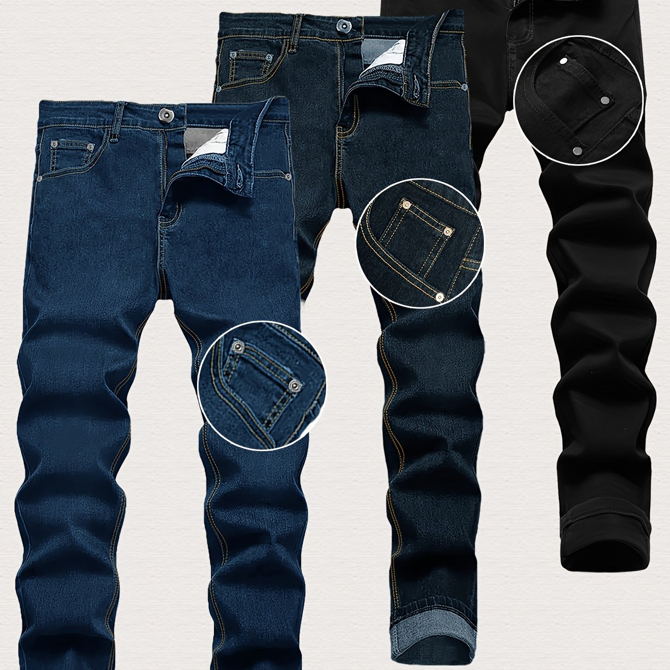 TEMU 3pcs Men's Slim Fit Jeans | Business Casual Trousers | Versatile Pants | Gift