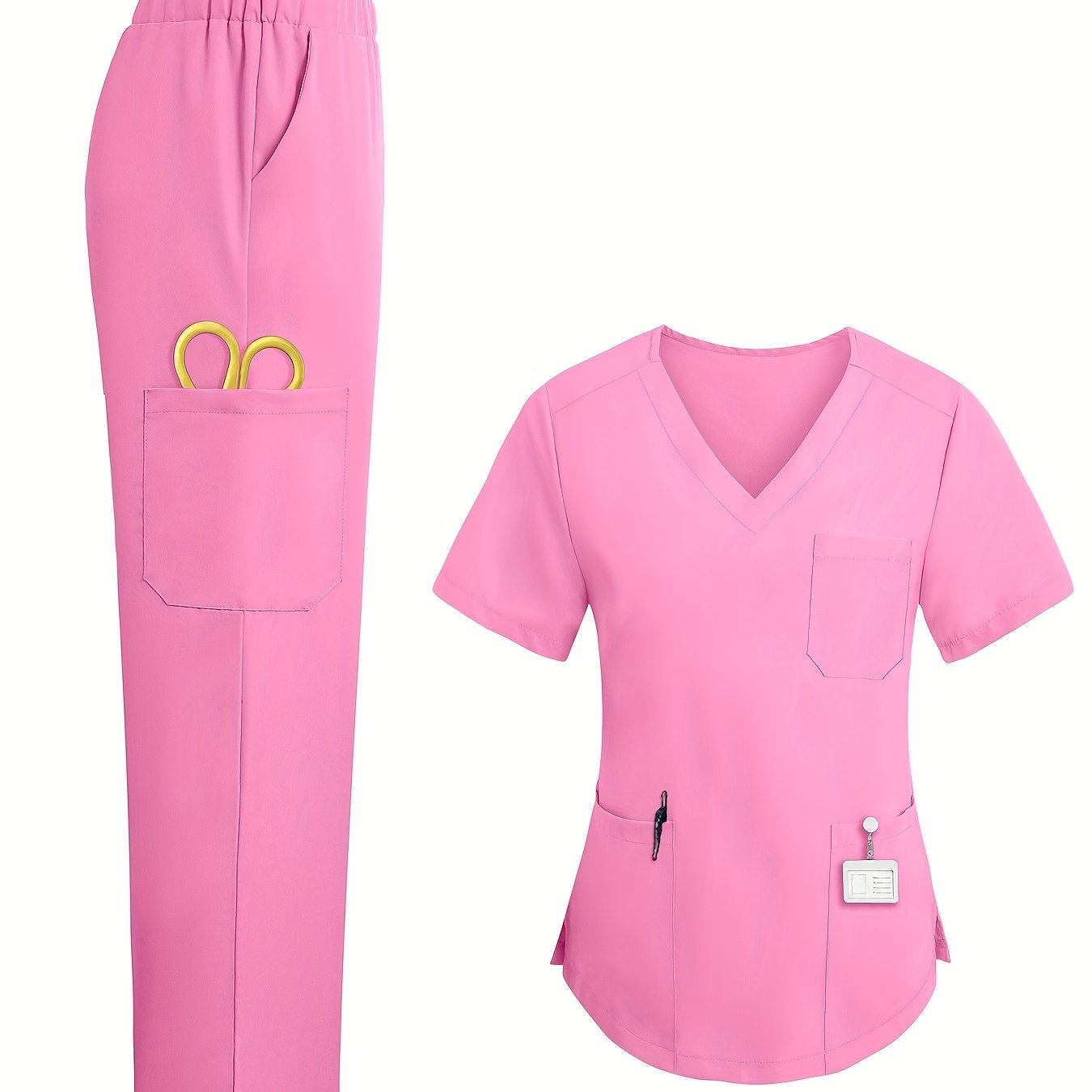 TEMU Casual Solid Color 2-piece Set, Modern , V-neck Top With 3 Pockets   Elastic Waist Multi-pocket Bottoms, Short Sleeve, Loose Fit, Breathable And