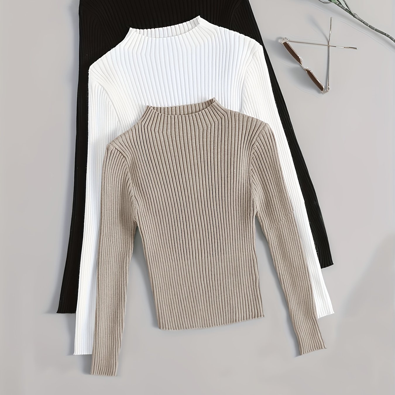 TEMU 3pcs Set Women's Stand Collar Ribbed Long Sleeve T-shirt, Slim Fit, Versatile Black Solid Color Top For Autumn/winter