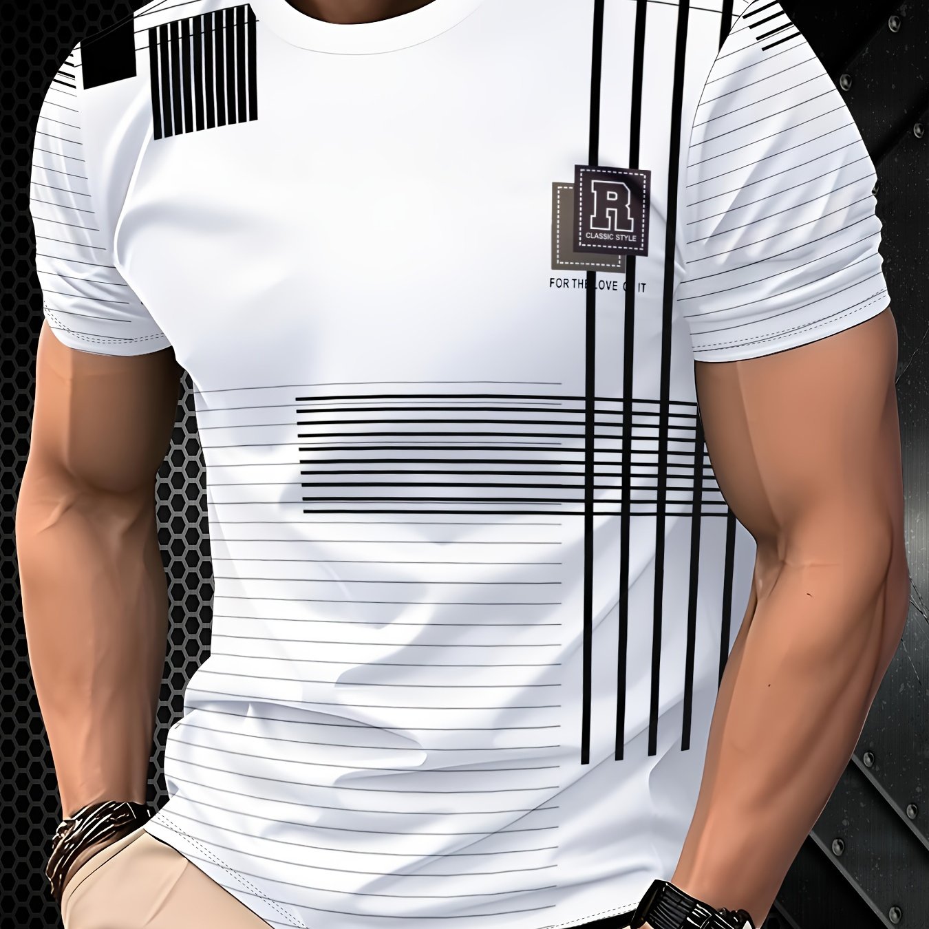 TEMU 2026 New Striped Men's Casual Sport Top, Fabric, Regular Fit, Suitable For Outdoor Sports And , Stylish Casual Crew Neck Top, Fashionable,