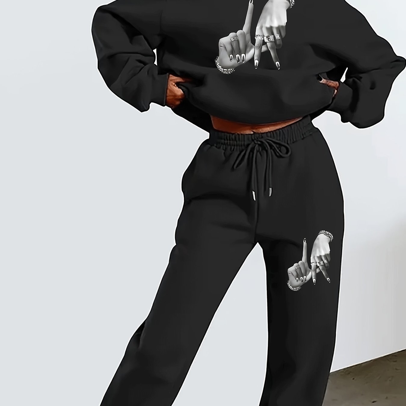 TEMU 1 Set Of 2pcs, Suitable For Autumn And Ladies Elegant And Beautiful Y2k Style Finger Pattern Print Hooded Fleece Sweatshirt Fleece Pants Set
