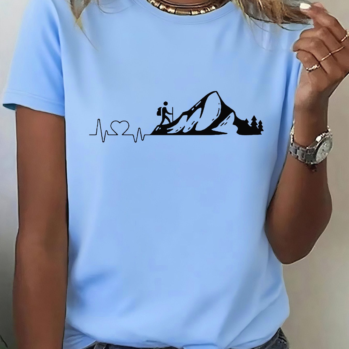 TEMU Women's Casual Short Sleeve T-shirt - Outdoor Hiking & Adventure Graphic Print, Breathable Stretchy Fabric, Round Neck, , Machine Washable,