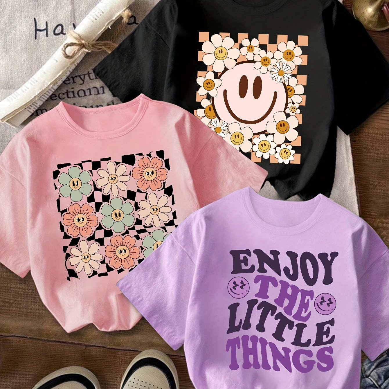 Image of 3pcs Set Td22007 Girls' "enjoy " Letter And Floral Print Trendy Novelty Casual T-shirt, 3pcs T-shirt Combo, Girls' Clothes, For Teenager