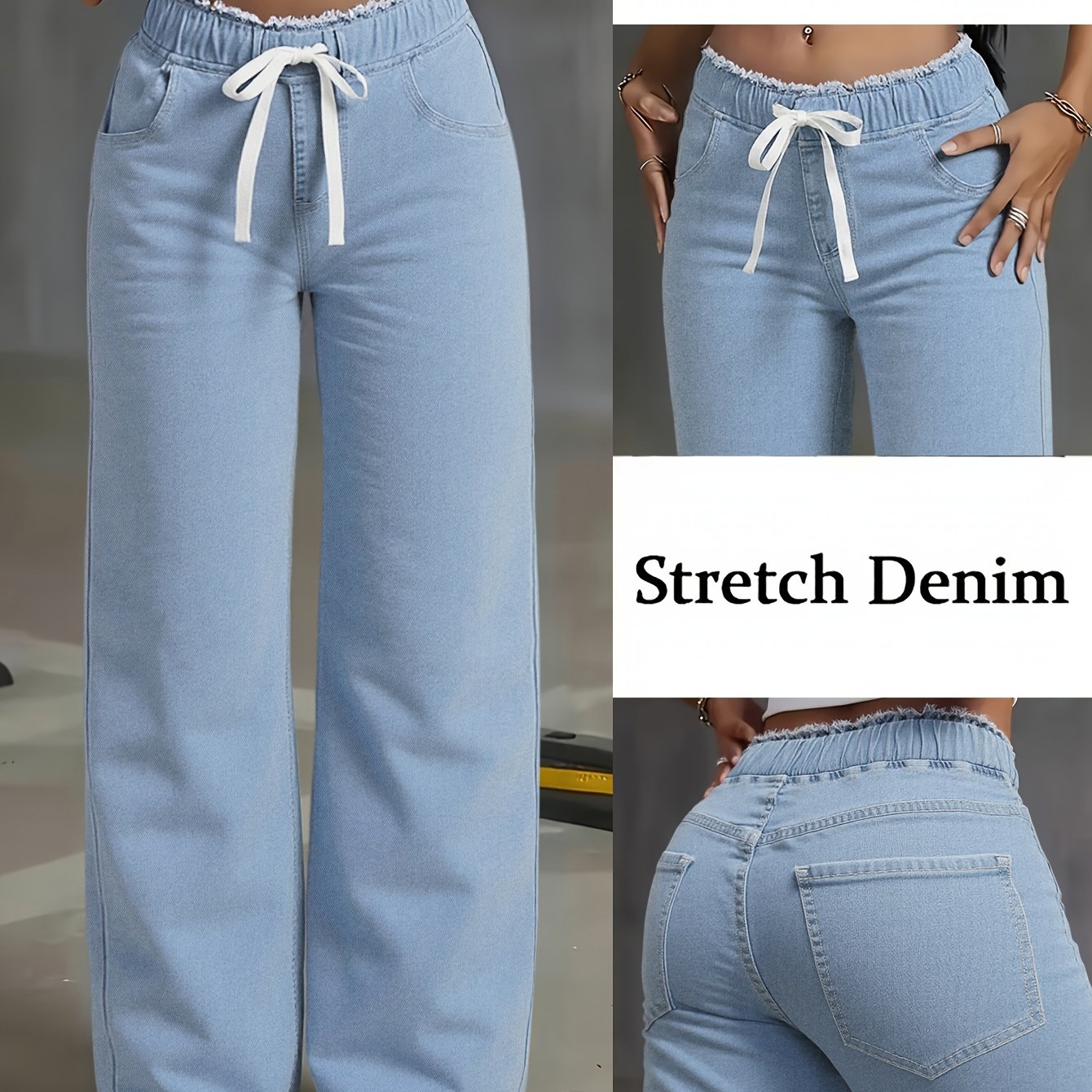 Image of Gleya Women's Elastic Waistband Denim Jeans, Light Blue Washed Straight-leg Jeans, Casual Stretch Denim Pants, Everyday Loose-fit Frayed Hem Fashionable And Versatile
