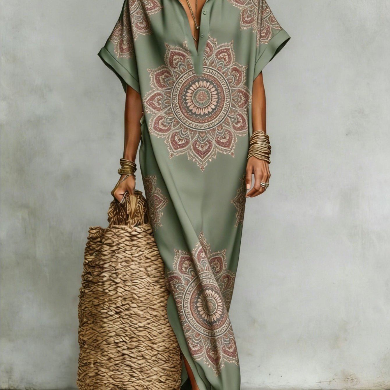 Image of Plus Size - Summer Women Dress Boho Mandala Geometric Print Long Maxi Dress Shirt Collar Short Sleeve Oversized Loose Split Hem Elegant Ethnic Beach Outfit