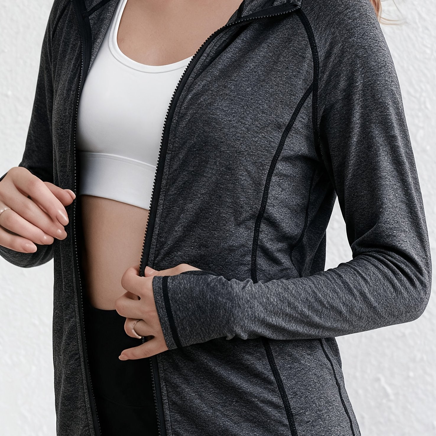 TEMU Women's Slim-fit Hooded Zip-up Sweatshirt, Women's Rib- Zip-up Drawstring Hooded Long Sleeve Bodycon Cropped Jacket, Solid Color Long Sleeve