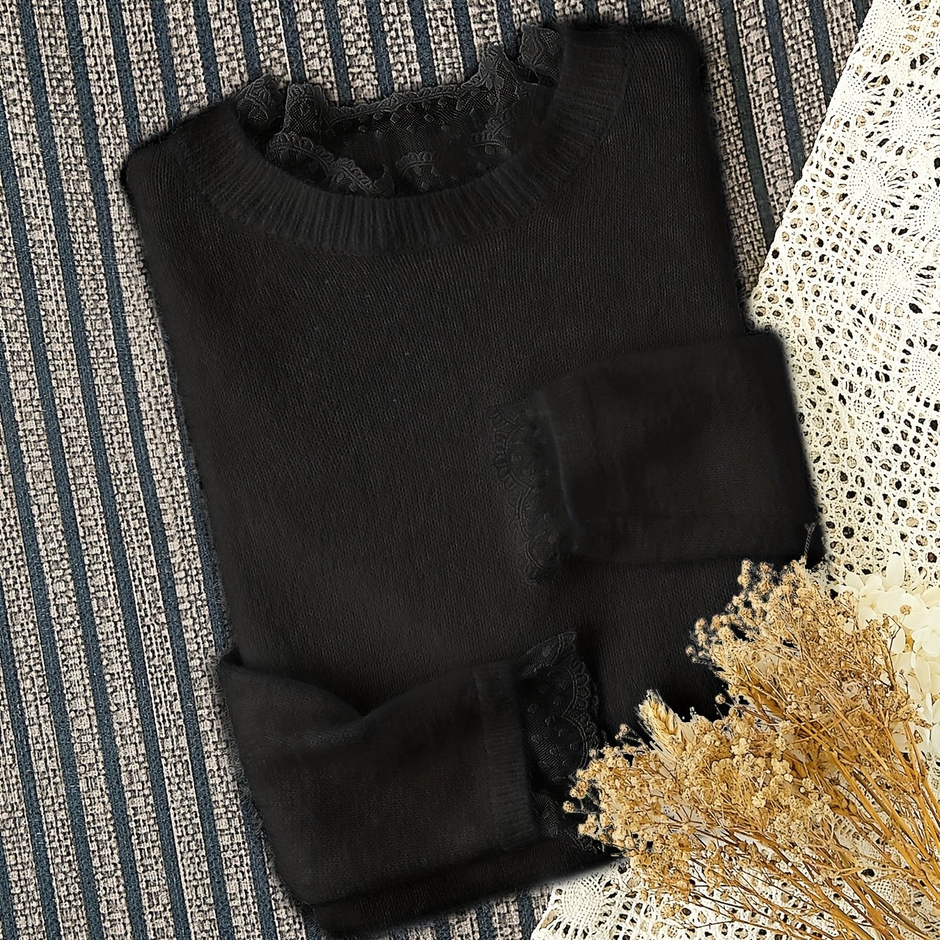 TEMU Women's Elegant Lace-trimmed Round Neck Long Sleeve Sweater - Soft Medium-stretch Solid Color Top For Spring & Fall, Hand Wash/, Cute Sweater,