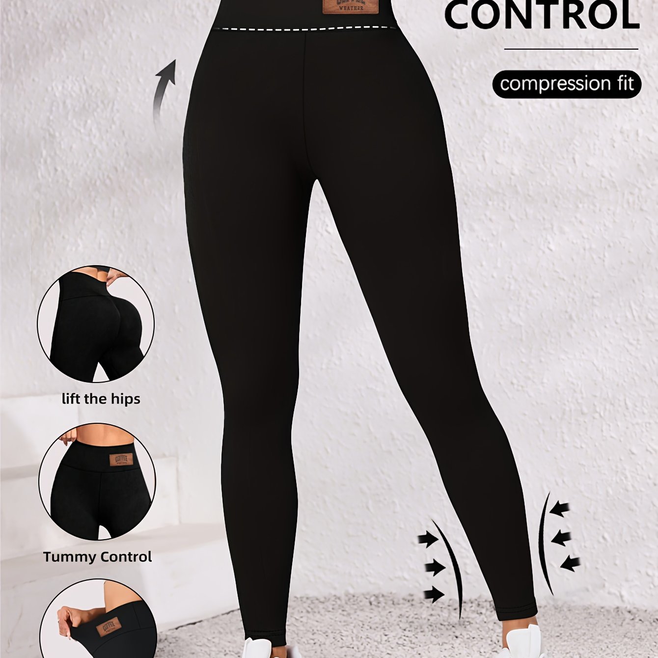 E-shop 1 Stück Damen Leggings mit hoher Taille und Bauchkontrolle für Frühling/Herbst, Schwarz, Atmungsaktives und elastisches Material, Po-Lift und