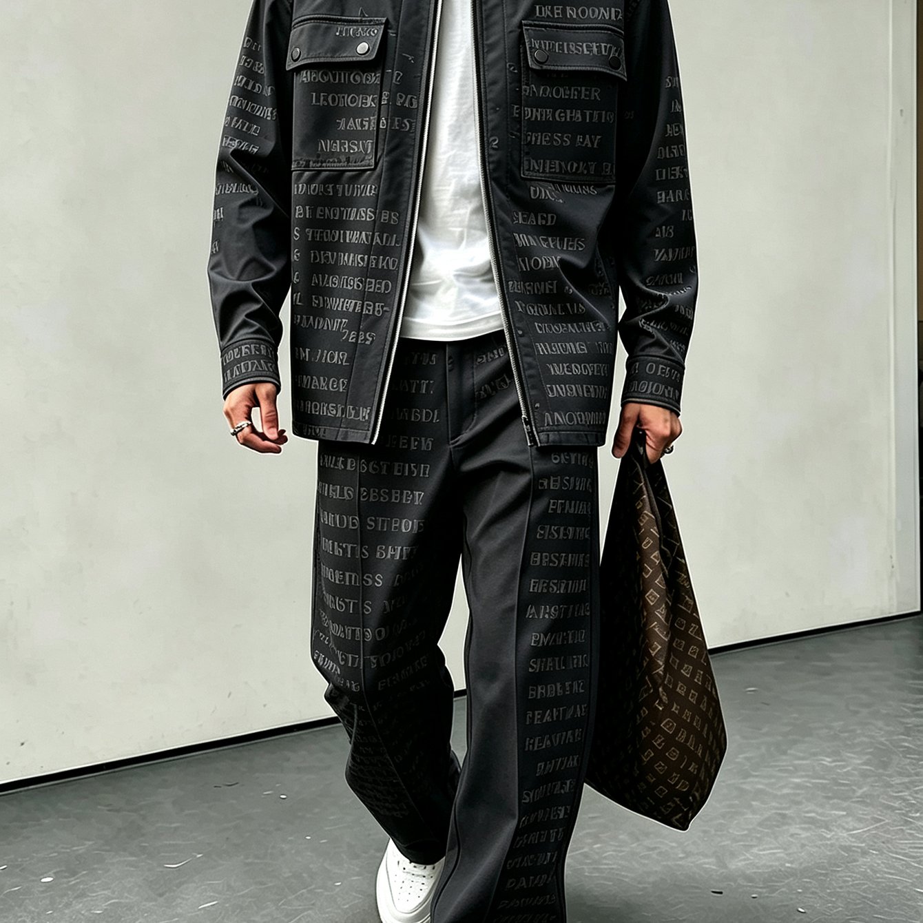 Image of Letter Print Mens 2pcs Set Mens Zip Up Long Sleeve Suit With Pockets Must Have For Young Mens Spring Summer Trend Letter Pattern High Quality Durable Casual Fashion Breathable Comfortable Cool