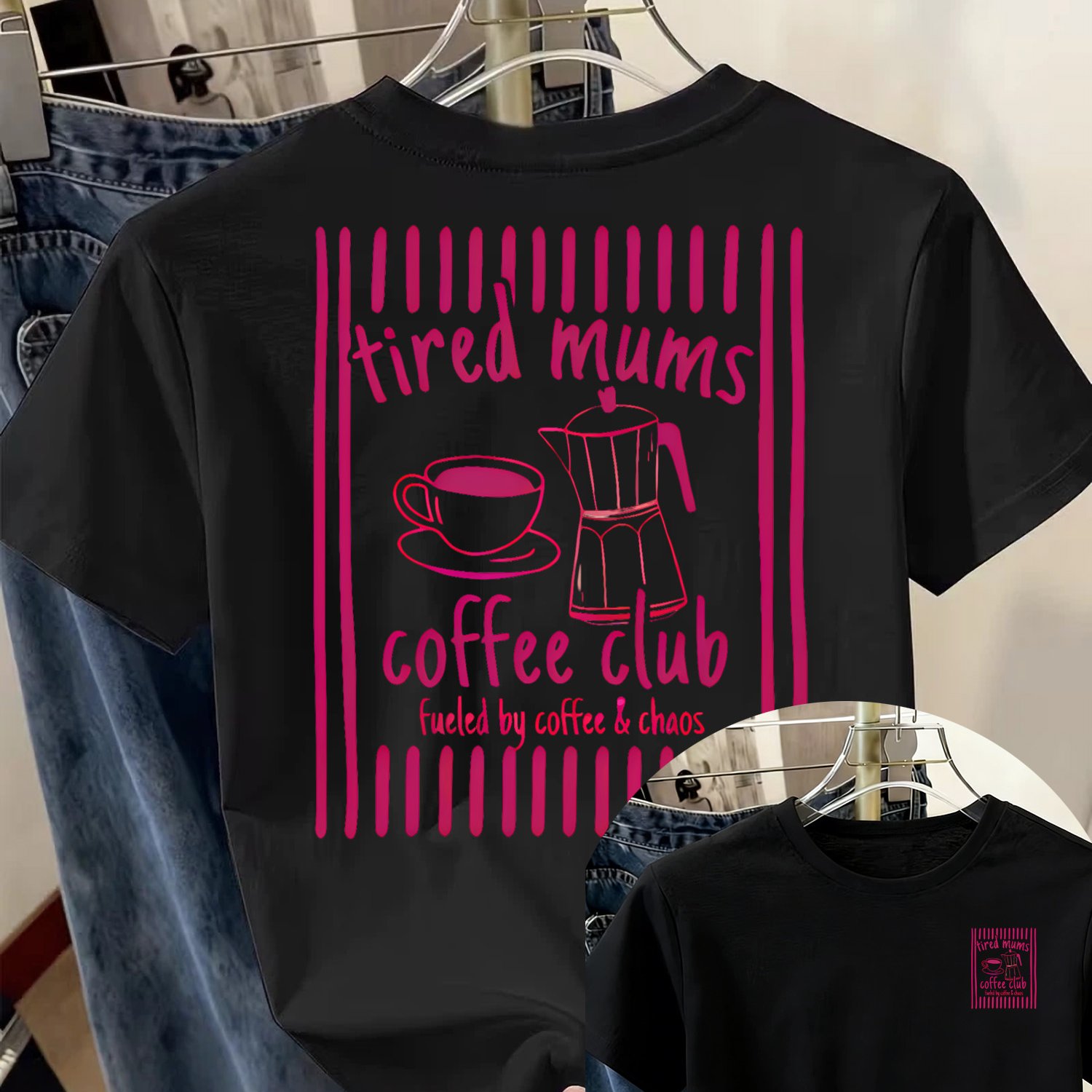 TEMU Women's "tired Mums Coffee Club" Letter Print T-shirt, Casual Short Sleeve Tee With Pattern, Short Sleeve Round Neck Top, Front And Back Double