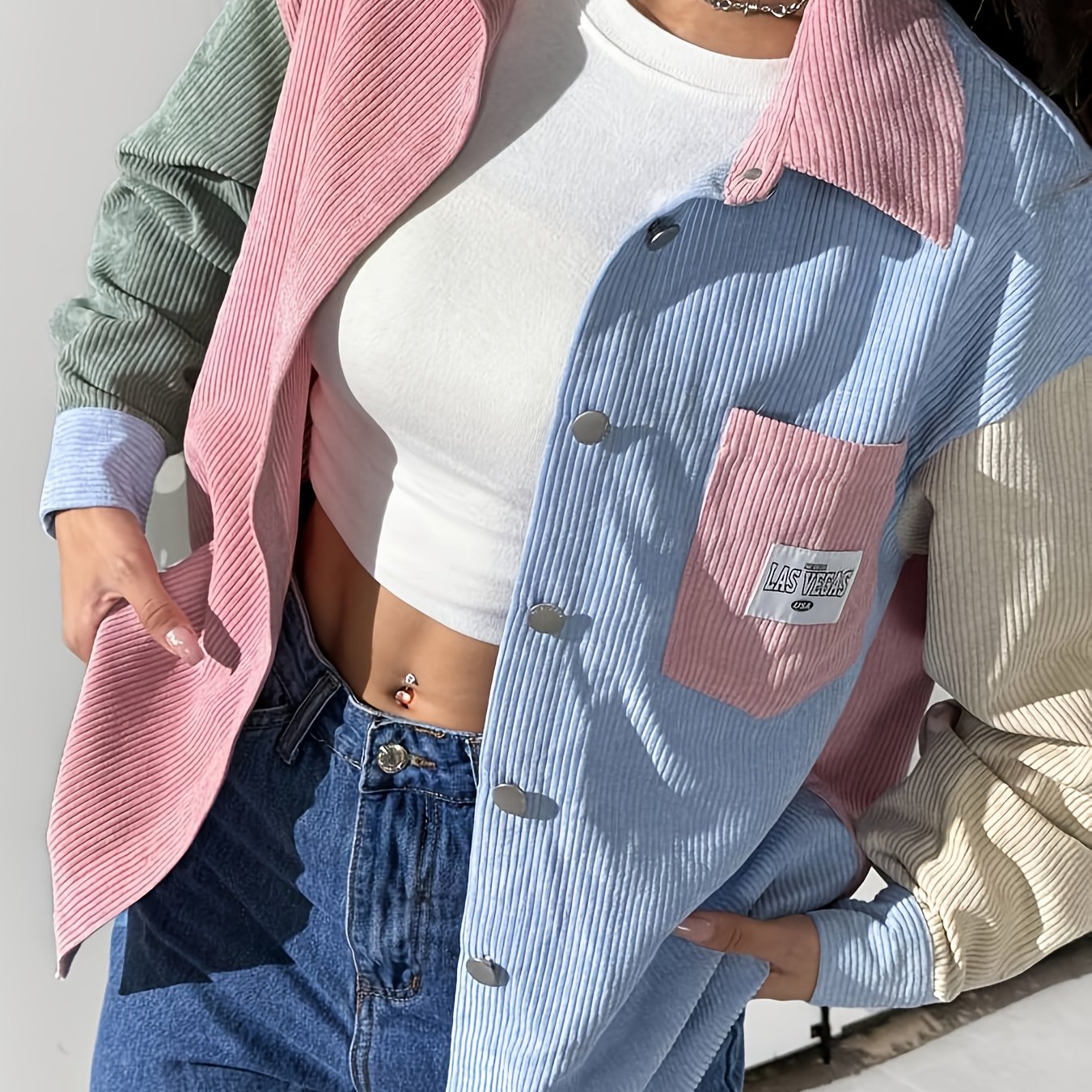 E-shop Color-Block Off-Shoulder Buchstaben Patchwork Cord Shirt, Damen Frühling/Herbst Casual Patchwork, Tasche Off-Shoulder Kragen Locker Multicolor ,