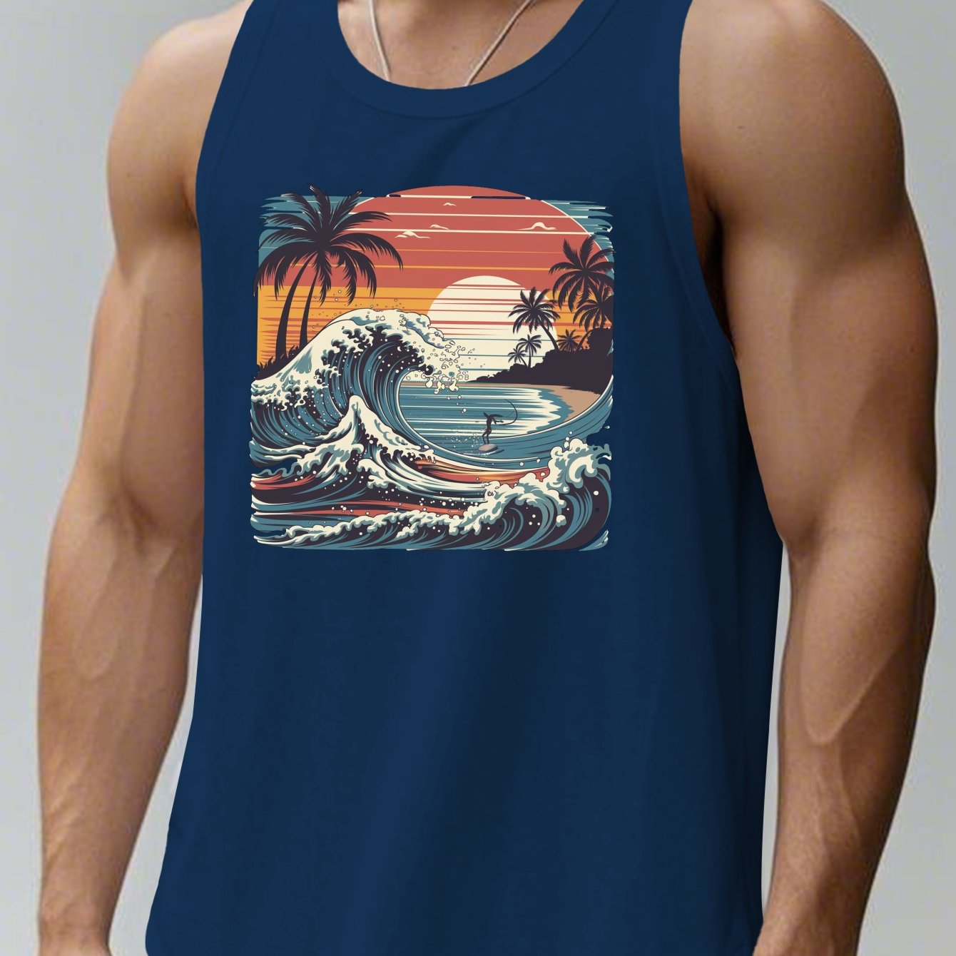 TEMU Men's Plus Size Vintage Sunset Pattern Tank Top - Black Sleeveless Casual Summer Beachwear With Palm Trees And , Machine Washable, Comfortable