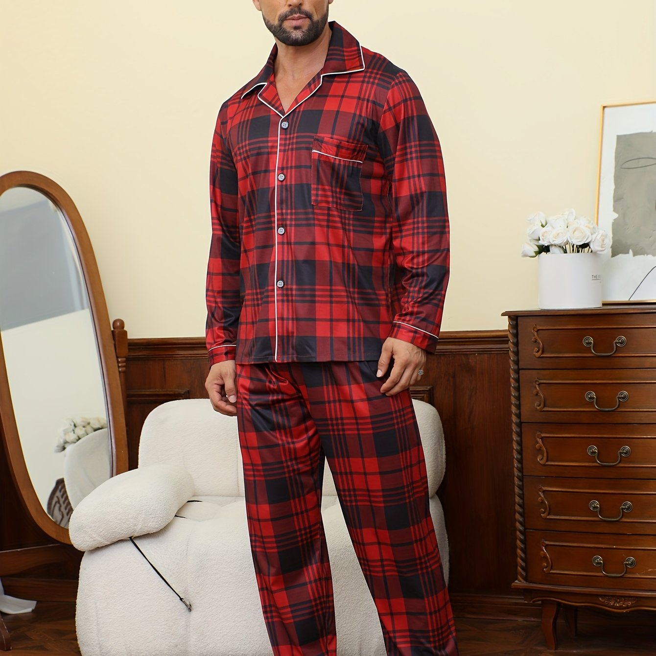 TEMU Men's 2pcs Winter Pajama Set - Red Long Sleeve Button-front Pajamas With Elastic Waist Pants, Cozy Matching Sleepwear For Christmas & New Year