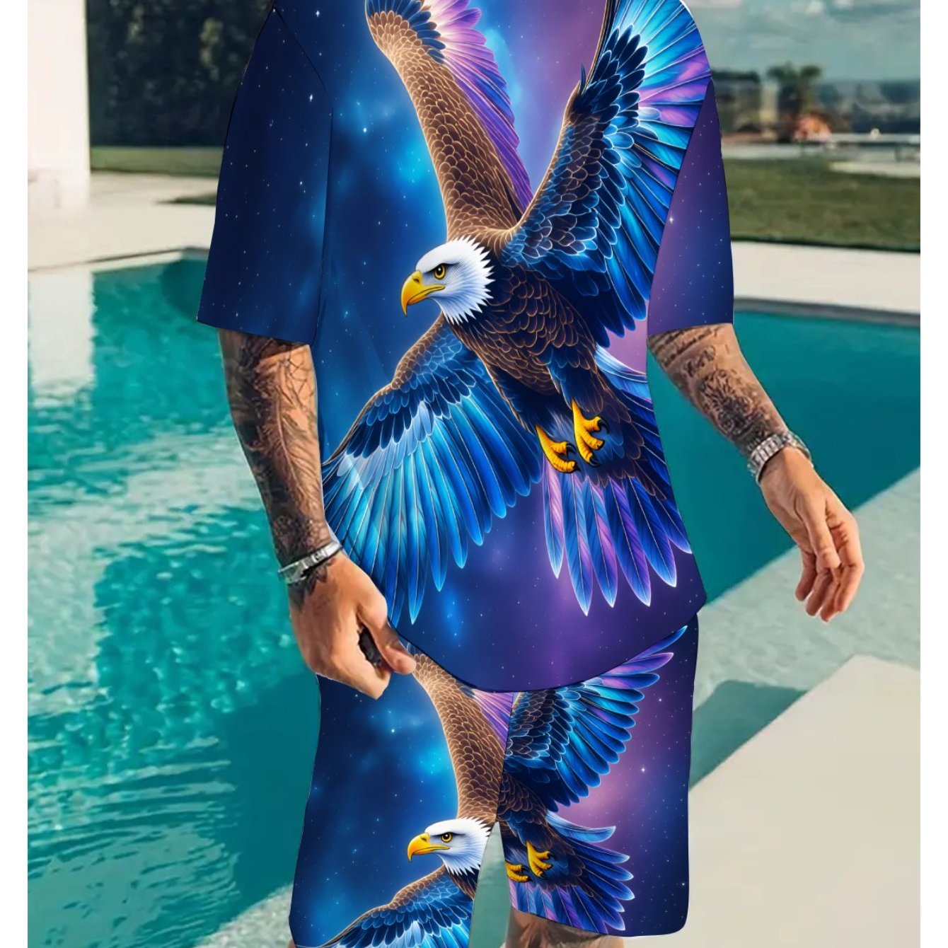 Image of Men'-piece Casual Outfits For Summer Beach Activities Featuring A Trendy Eagle And Galaxy On A T-shirt And Shorts Set, Perfect For Adult Men's Fashion And Vacation Sportswear