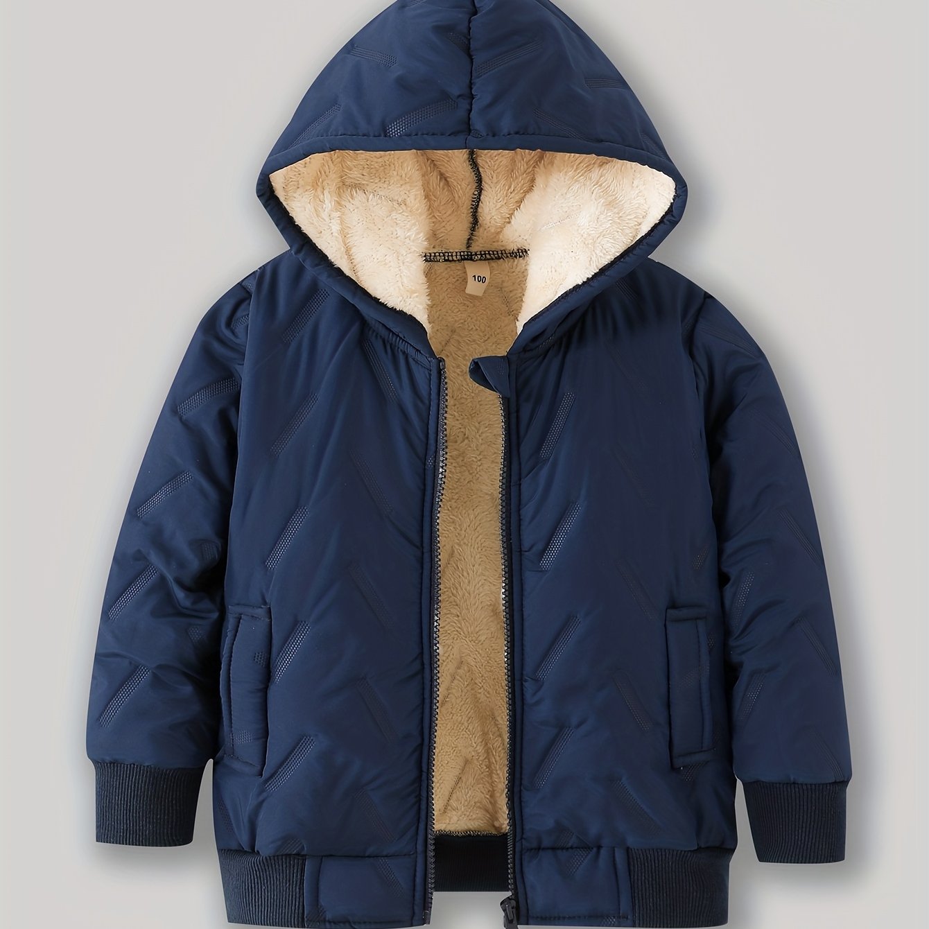 TEMU Boys' Autumn Winter Solid Color Thick Fleece Warm Top, Casual Comfortable All-match Daily Outdoor Zipper Hooded Jacket