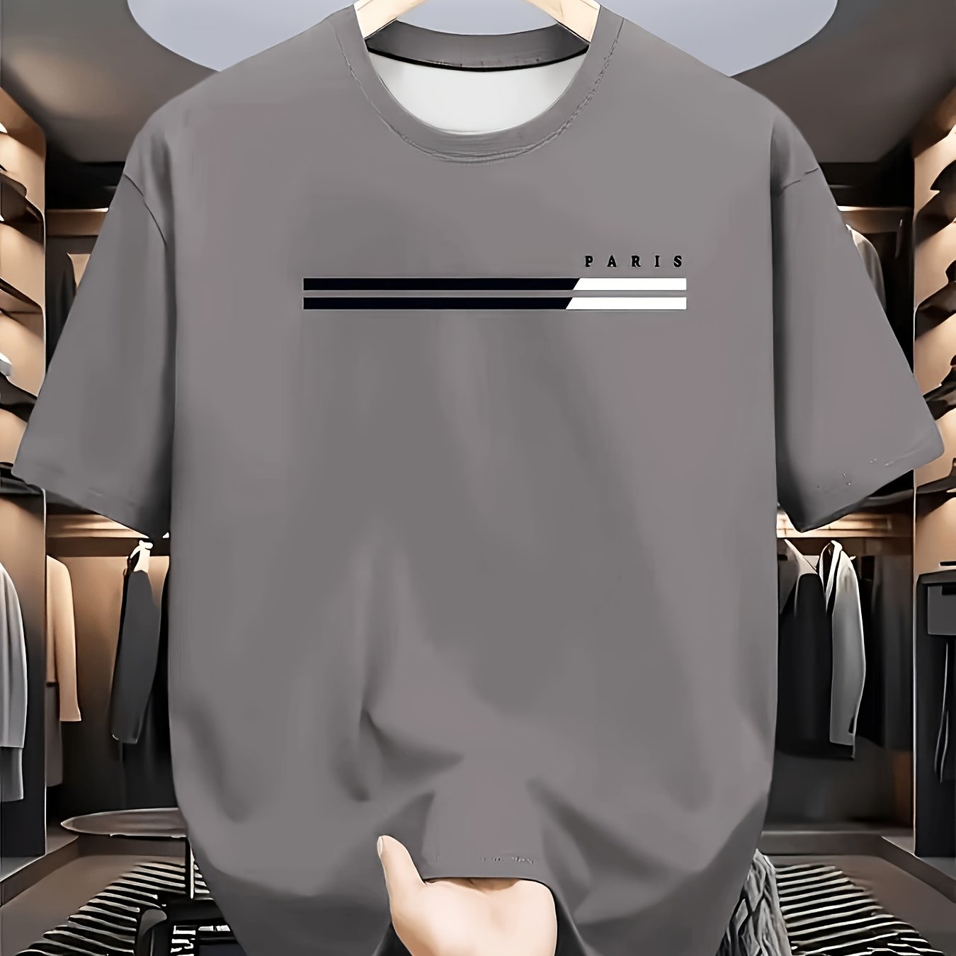 Image of Men' Oversized T-shirts With Paris Lettering & Striped Print - Plus Size Short Sleeve Round Neck Casual Summer Tees, Comfortable Stretch Fabric For & Tall, Casual Attire, Plus Size