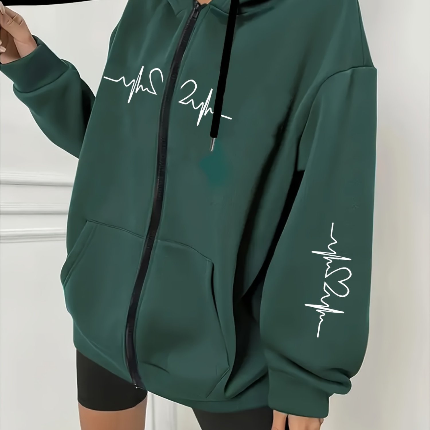 TEMU Plus Size - Plus Size - Women's Plus Size Casual Zip Hoodie With Heart Print, Chest And Sleeve Pattern, Comfortable Machine-washable Hooded