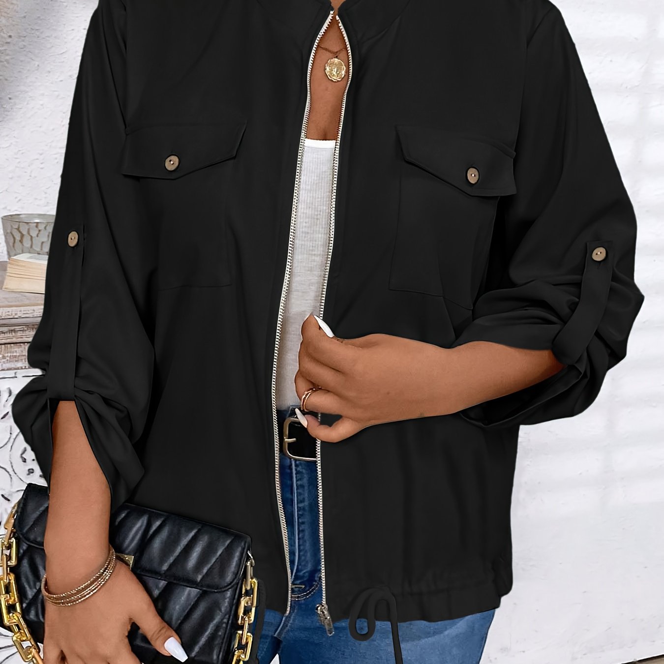 E-shop Plus Size, Damen Zip-up Jacke, Eleganter Damenmantel, Locker geschnittene Langarm-Jacke mit Kordelzug am Saum, Brusttasche, Frühlingsjacke für