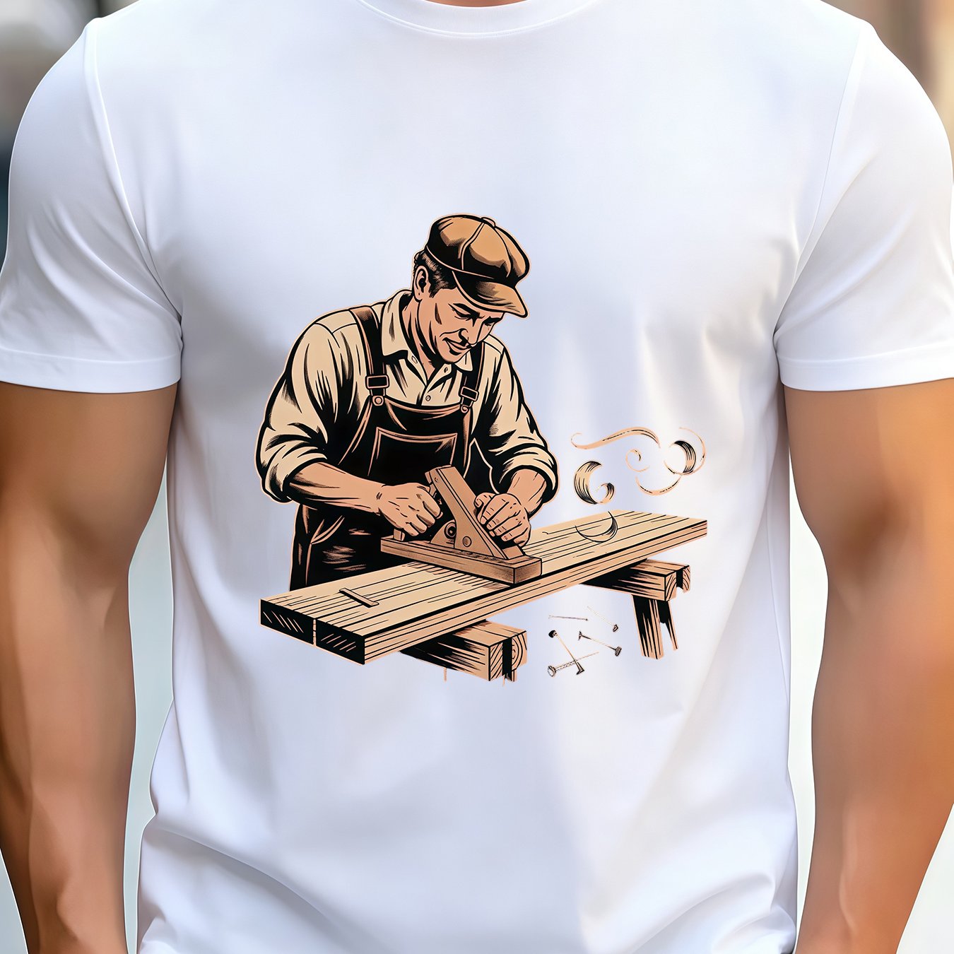 TEMU Men's Carpenter Graphic T-shirt - Vintage Woodworker Design, Comfortable And Lightweight, 100% Polyester Fiber, Artistic Print, Crew Neck, Short