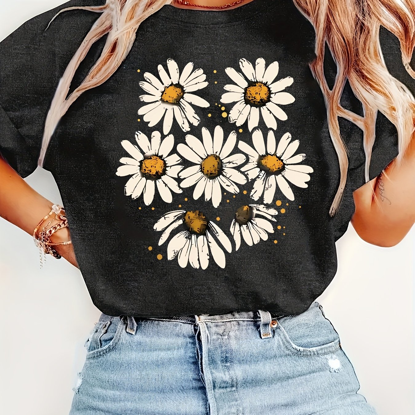 Image of Chrysanthemum Graphic Print - Lightweight Breathable Fabric Casual Crew Neck Short Sleeve Women's T-shirt - Spring/summer - Affordable